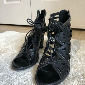 Report Black Leather Gladiator Heels. Size 8